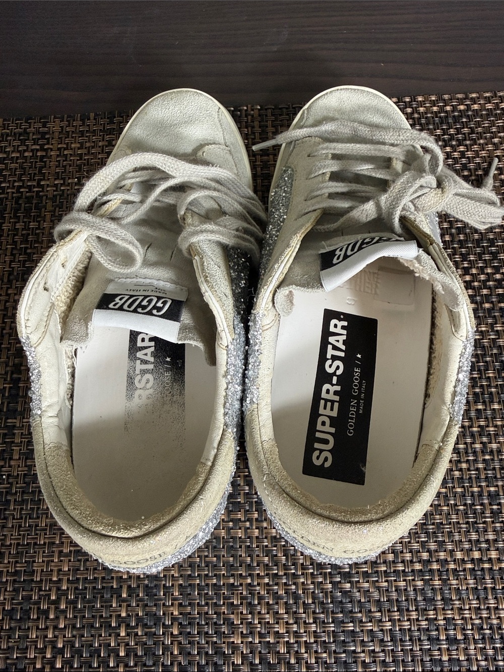 Golden Goose Super-Star Sneakers with Silver Glitter Heel and Beige Suede - Picture 10 of 12